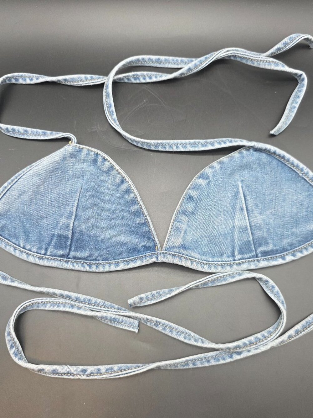 Fashion Nova Womens large Blue Denim Jean Triangle Halter Bikini Top